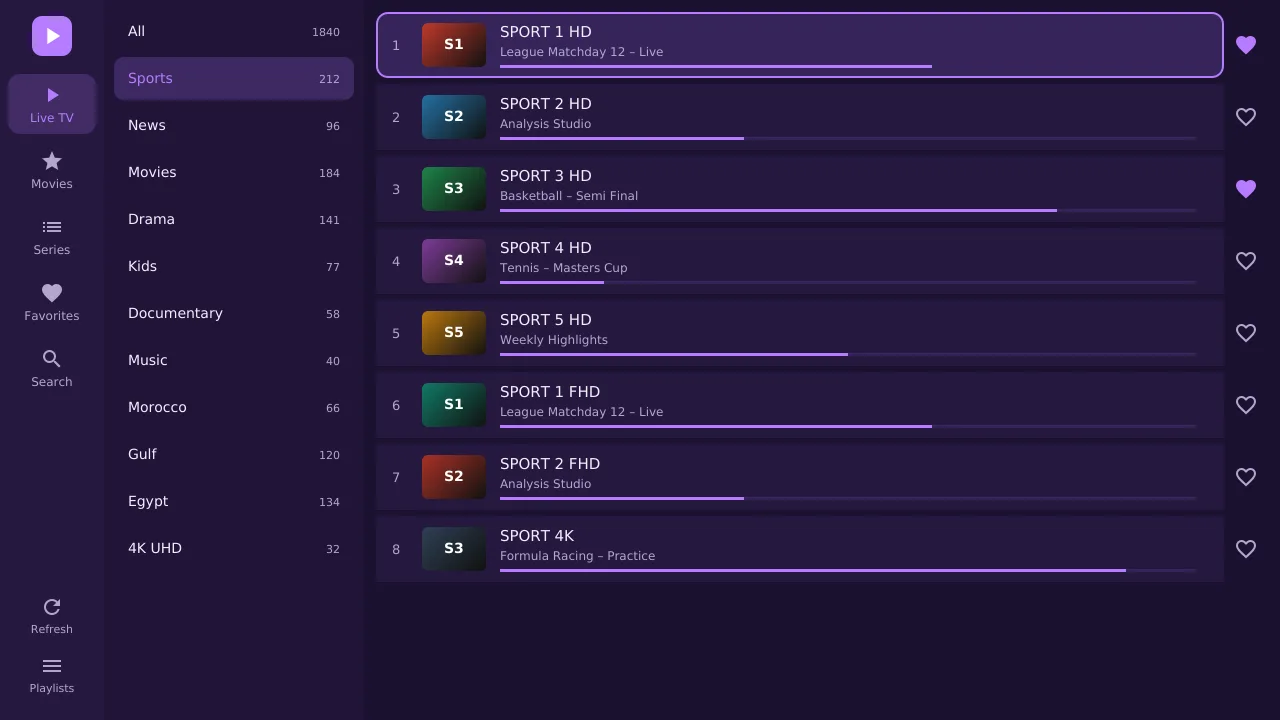 Master Player live TV screen with categories, channels and now-playing guide